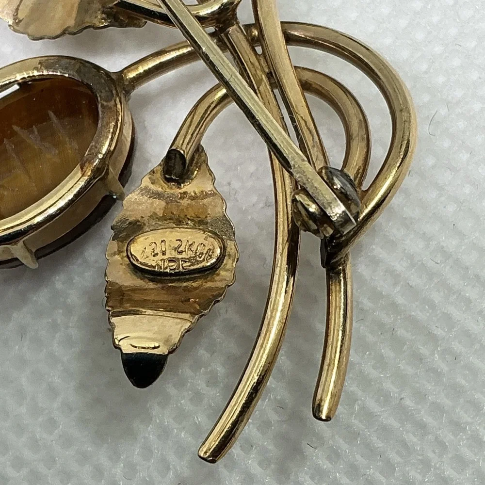 Vintage Scarab Brooch Earrings Set 12K GF Etched Gemstones Mid Century Signed